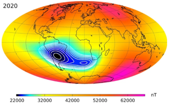 Picture of Earth's Magnetic Field, with South Atlantic Anomaly over Continental South America Hilighted